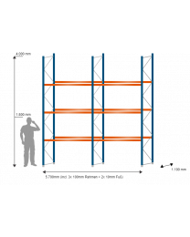 SLP Palettenregal 5,70 m breit, 3,99 m hoch, 1,1 m tief, 3 Ebenen für 24 Palettenplätze je 1000 kg Traglast