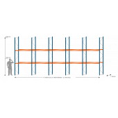 SLP Palettenregal 14,10 m breit, 3,99 m hoch, 1,1 m tief, 2 Ebenen für 45 Palettenplätze je 1000 kg Traglast